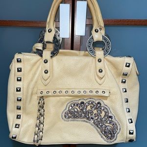 Betsey Johnson Vintage Y2K Tan Leather Beaded Studded Western Handbag.
